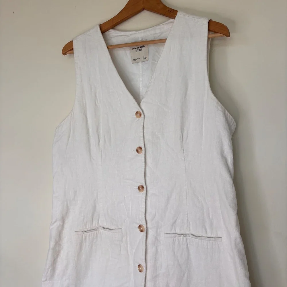 Abercrombie Linen Blend Mara Vest Mini Dress V Neck Button Front White Large